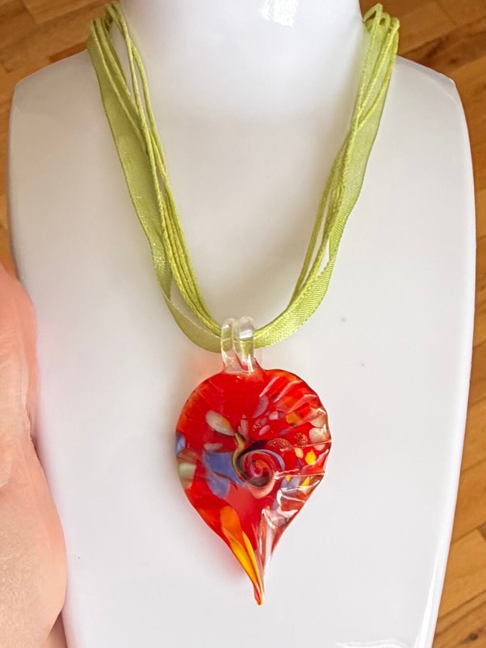 Murano Style Millefiori Red Art Glass Pendant Necklace Green Ribbon Cord 2.5"